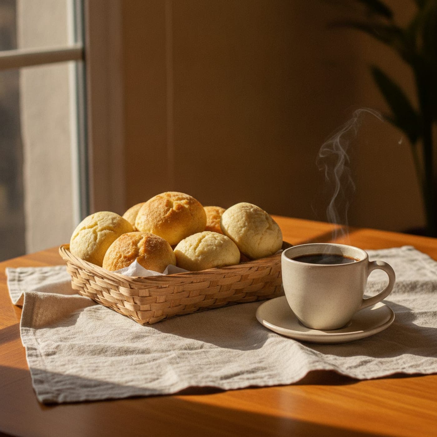 Cesta de pandebonos y almojábanas recién horneados con un café